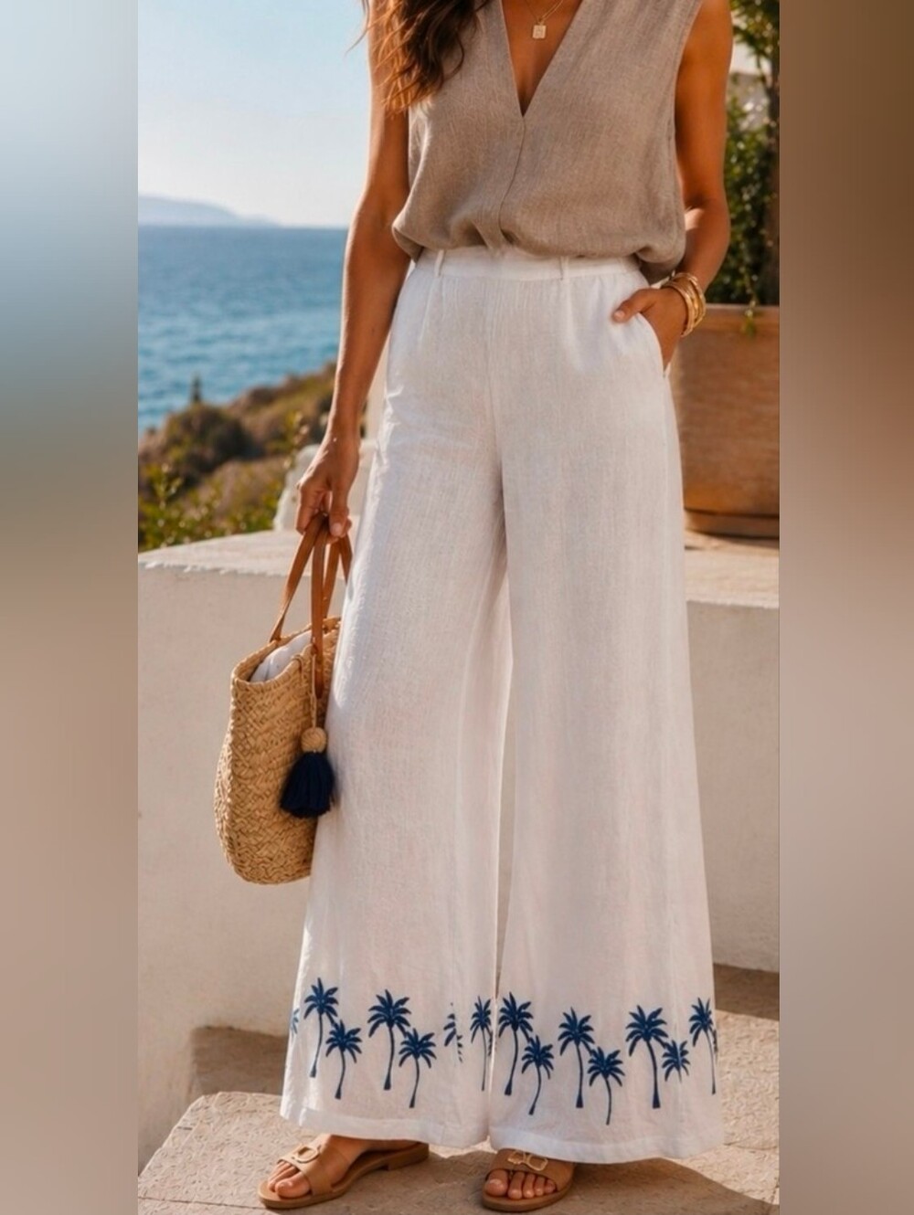Calypso St. Barth white linen wide-leg pants featuring a blue palm tree SZ LARGE